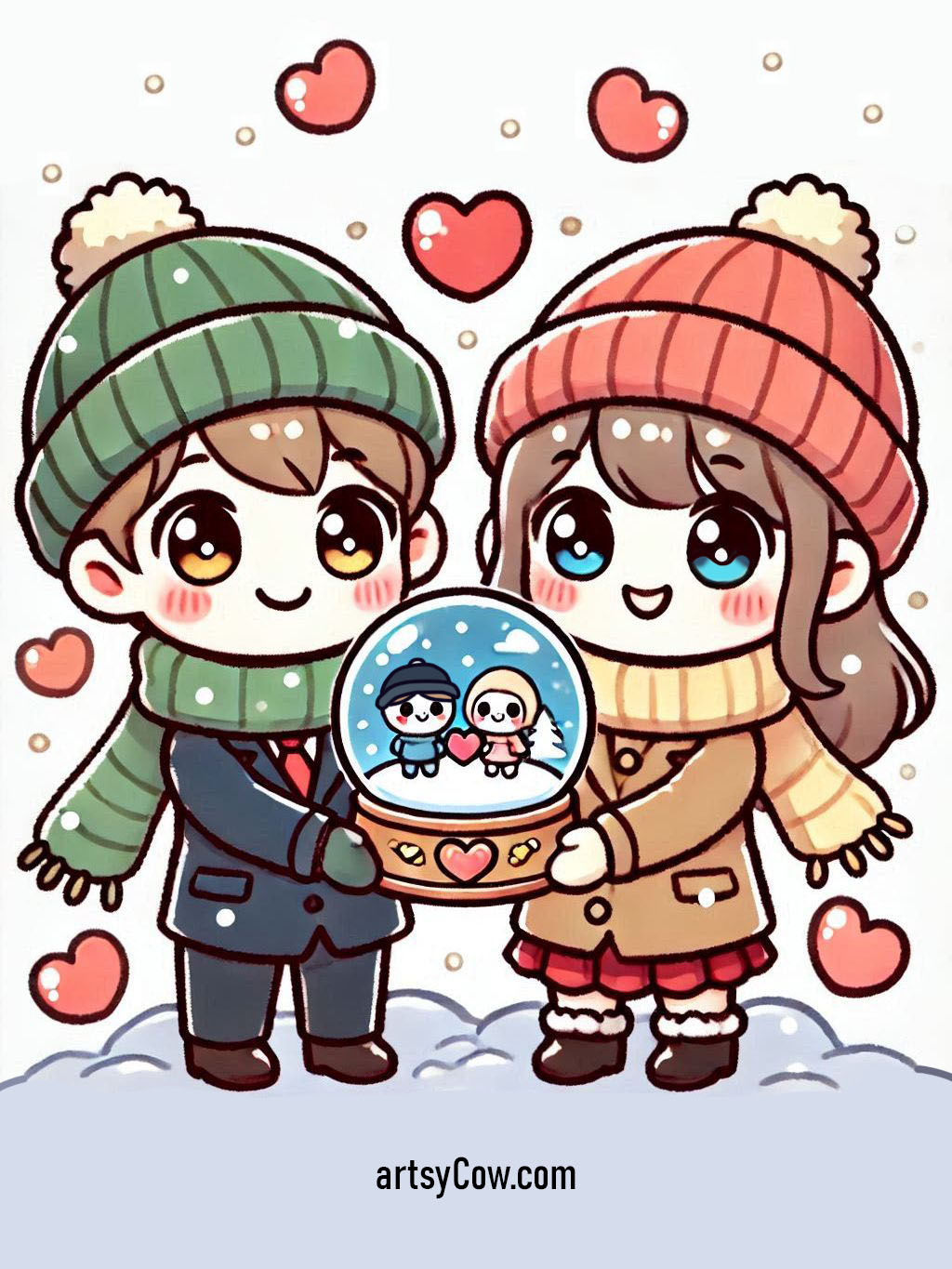 Valentines drawings with couple featuring two smiling characters in winter attire holding a heart-shaped snow globe surrounded by red hearts.